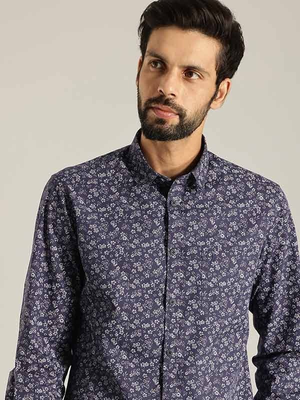 Indian Terrain Men's Slim Fit Full Sleeve Floral print Navy Shirt